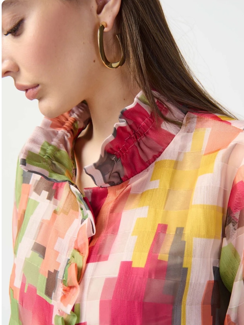 Joseph Ribkoff Size 10 Pixelated Geometric Ruffle-Front Sheer Blouse - Picture 4 of 16